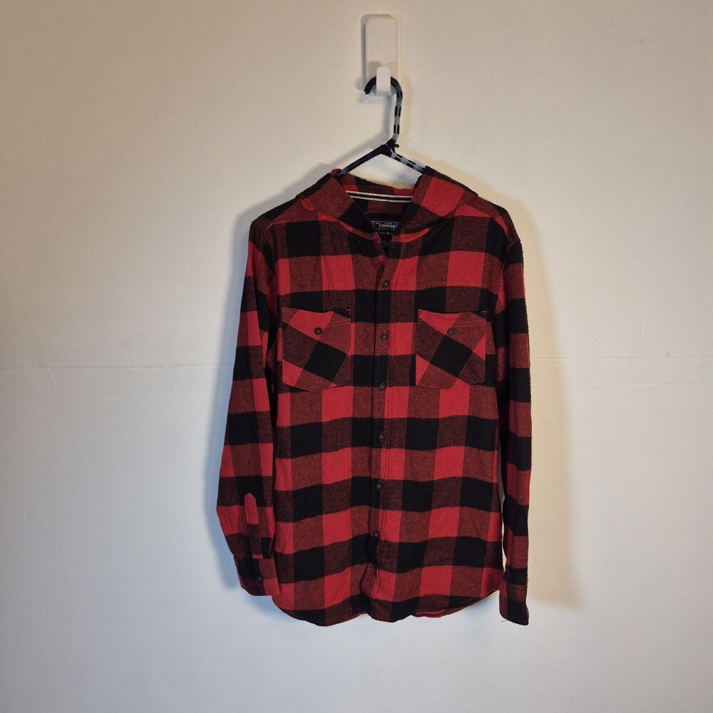 Company Eighty One Hooded Flannel Shirt Mens Medium Red Black Buffalo Plaid